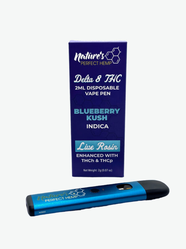 (2mL) Delta 8 Disposable Vape Pen - [Indica] Blueberry Kush - Enhanced With HHC, THCv, THCp & Live Rosin.